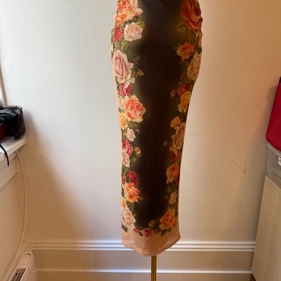 Neutral Floral Bodycon Skirt S | Black & Orange Fall Stretch - Picture 2 of 4